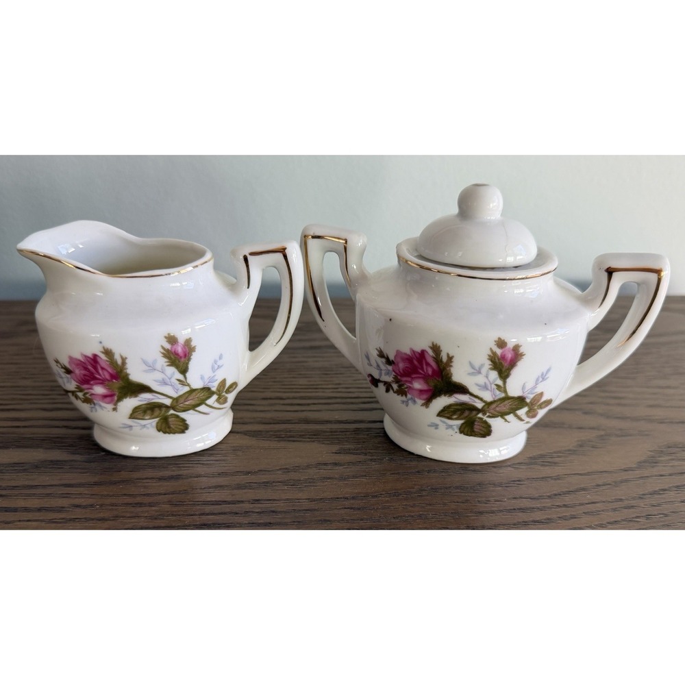 Vintage Japan Floral Sugar Bowl Creamer Set Gold Trim Pink Roses Cottage